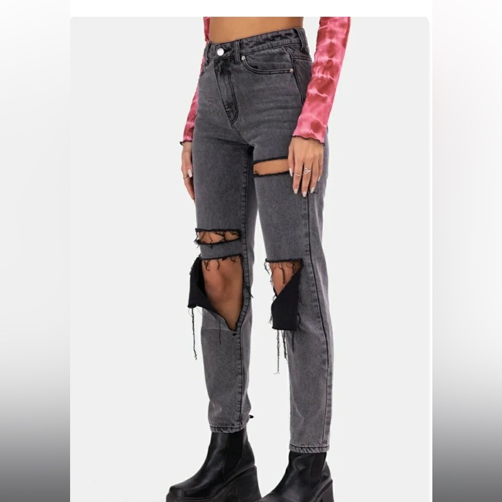 Adika grey almost black ripped jeans, hard denim mom jean women’s XS